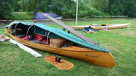 Canoe kitted out for on-water sleeping