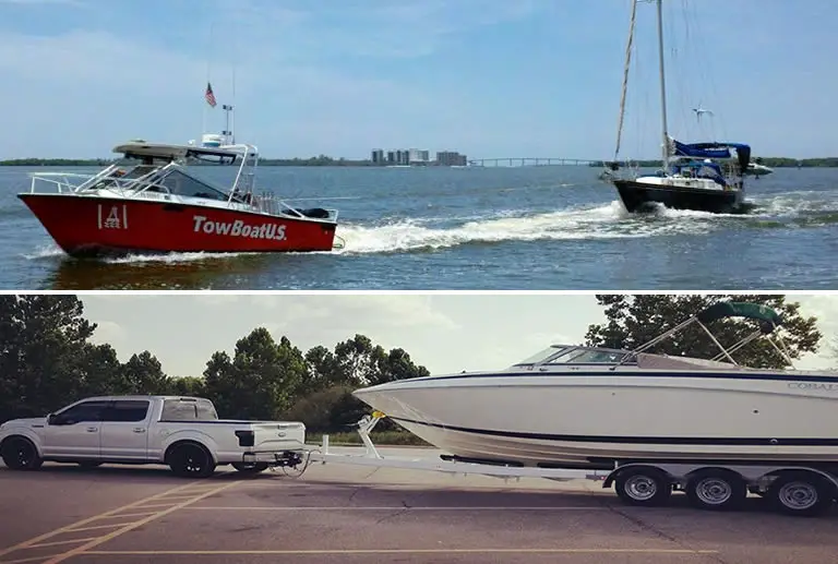 Towing a boat on land and water