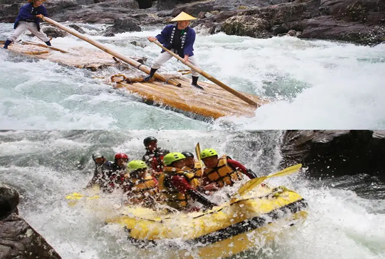 Traditional raft and modern raft on whitewater