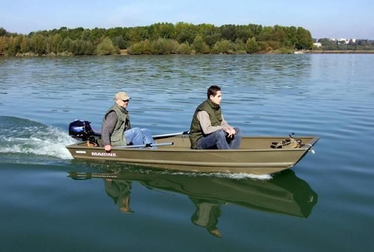 2 men using a Jon boat on calm water