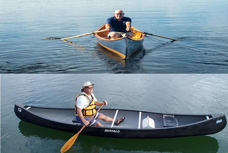 A canoeist using oars and a canoeist using a paddle