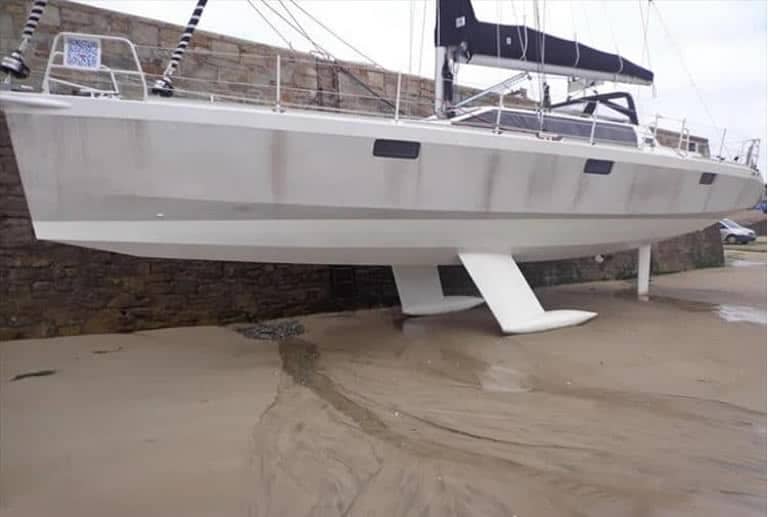 A shoal draft boat out of the water showing shorter keel