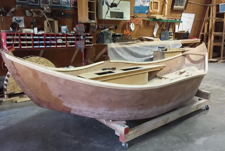 Drift boat being made in garage