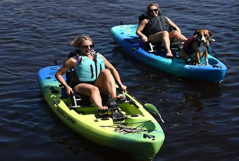 Women on pedal kayaks in lake