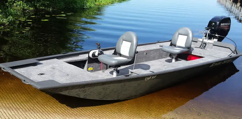 Bass boat on river bank